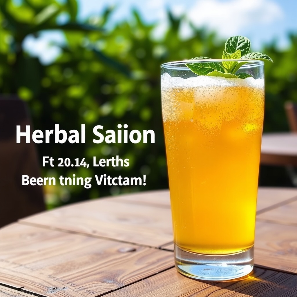 A glass of Herbal Saison beer with fresh basil, outdoors on a wooden table.